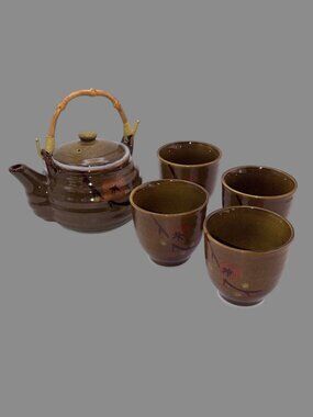 Vintage Chinese Brown Ceramic Tea Set Teapot Infuser 4 Cups Bamboo Handle in Box